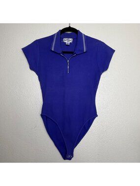 Vintage Betty Blue Purple Ribbed Polo Bodysuit With Zipper Front & Snap Closure